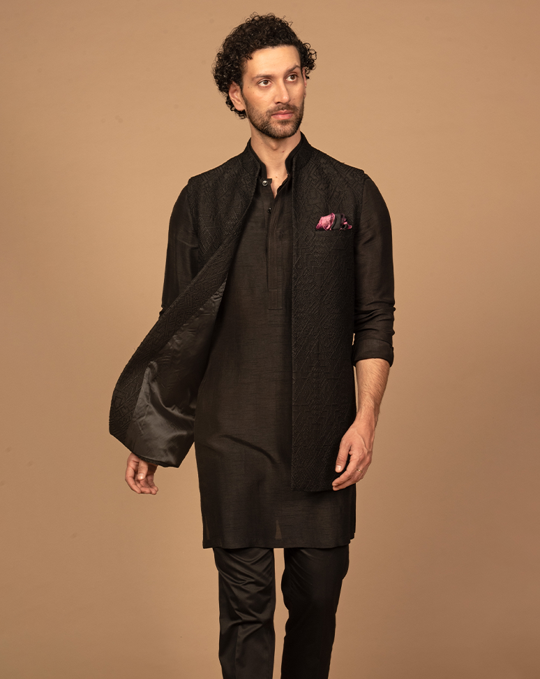 Black Geometric Embroidered Open Nehru Jacket Kurta Set