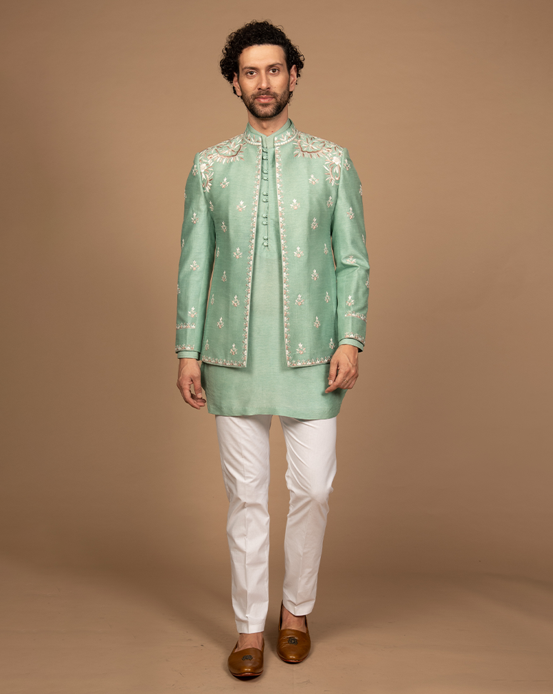 Pastel Green Open Jacket & Kurta Set