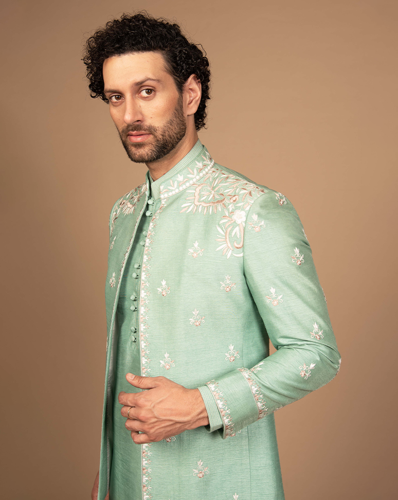 Pastel Green Open Jacket & Kurta Set