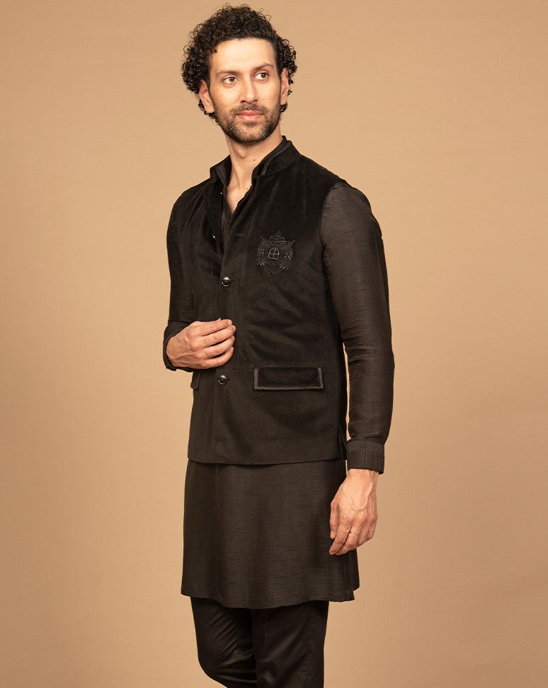 Black Velvet Nehru Jacket Kurta Set