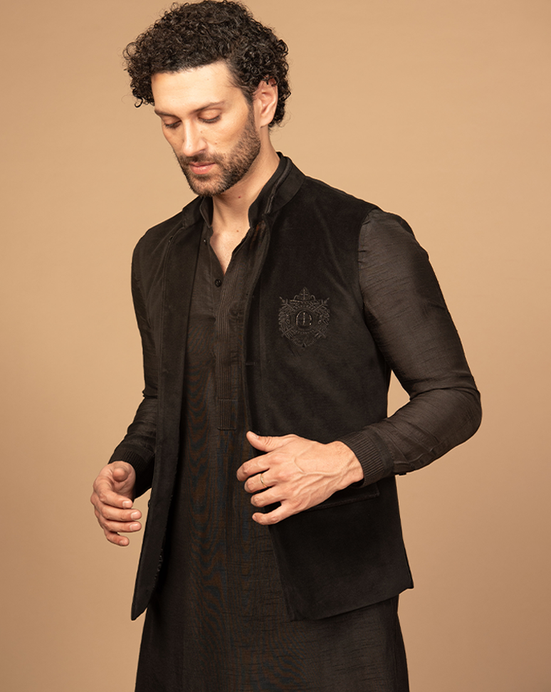 Black Velvet Nehru Jacket Kurta Set