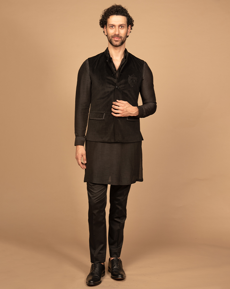 Black Velvet Nehru Jacket Kurta Set