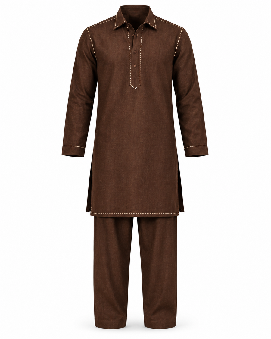 Chocolate Brown Contrast-Stitch Kurta
