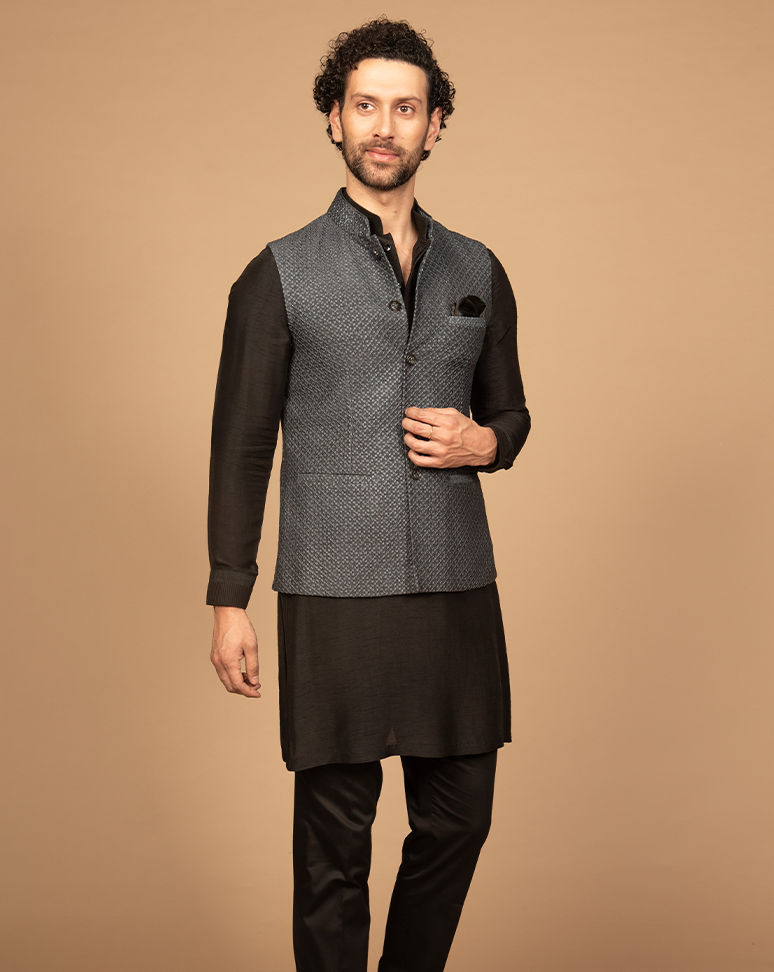 Grey Embroidered Nehru Jacket Kurta Set