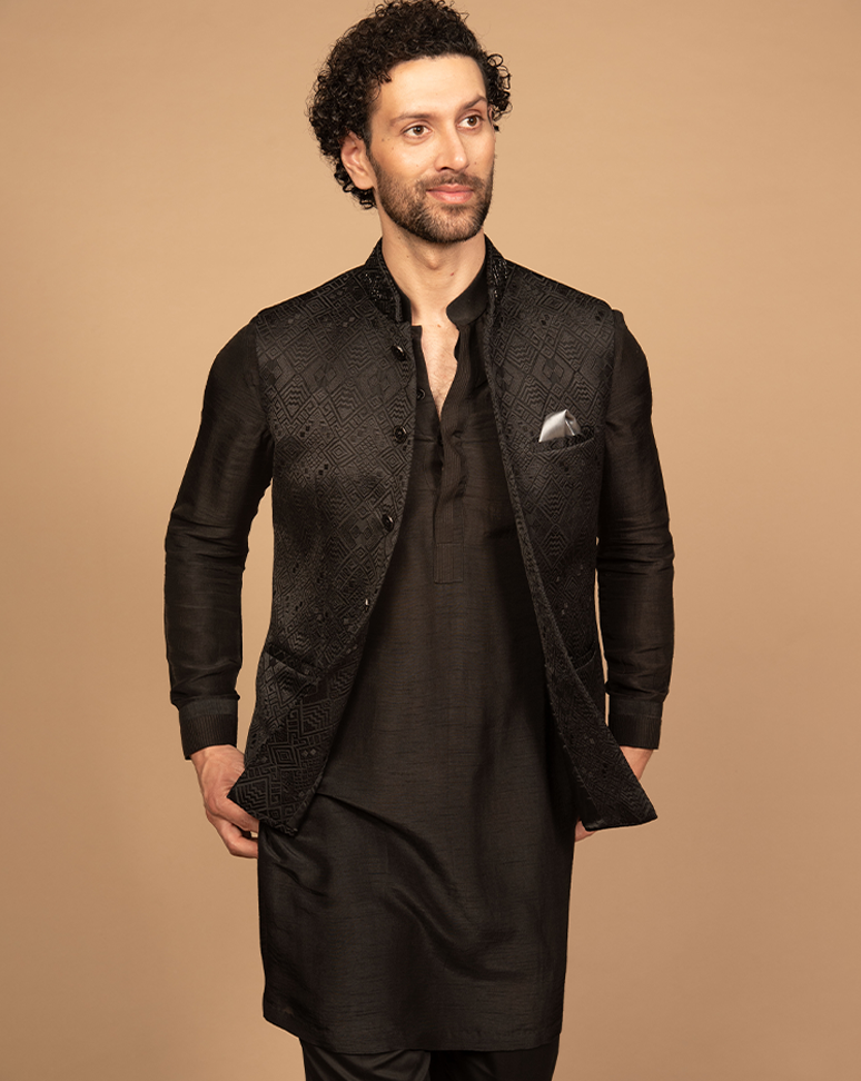 Black Geometric Embroidered Nehru Jacket Kurta Set