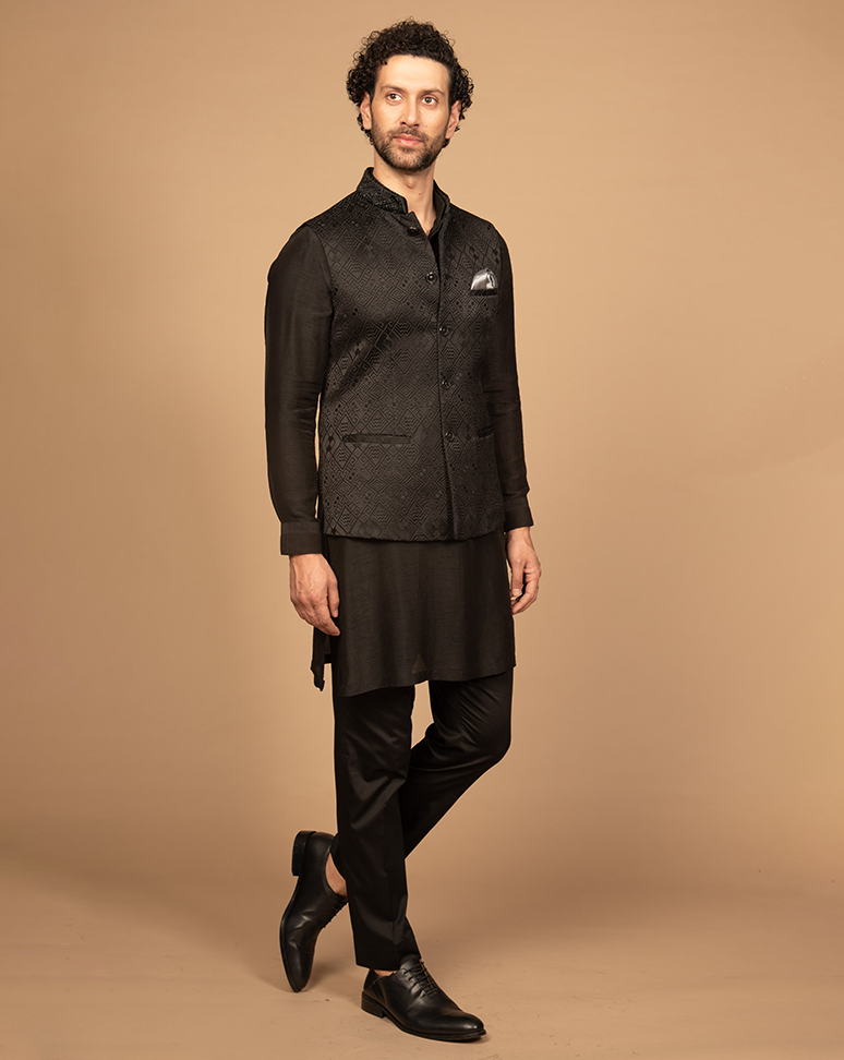 Black Geometric Embroidered Nehru Jacket Kurta Set