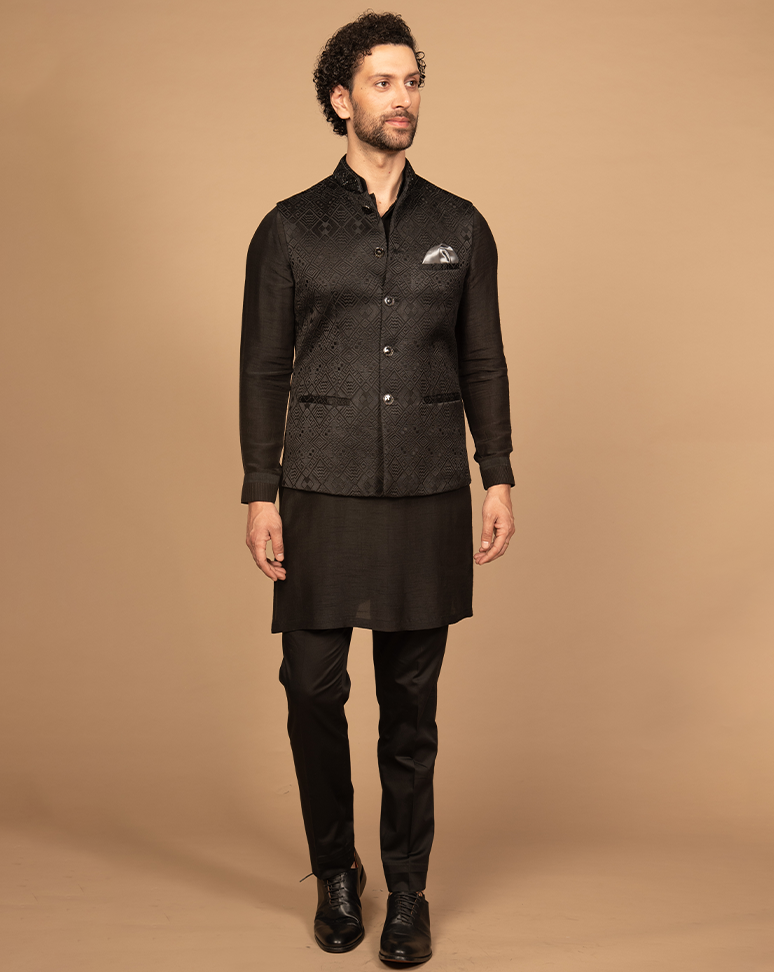 Black Geometric Embroidered Nehru Jacket Kurta Set