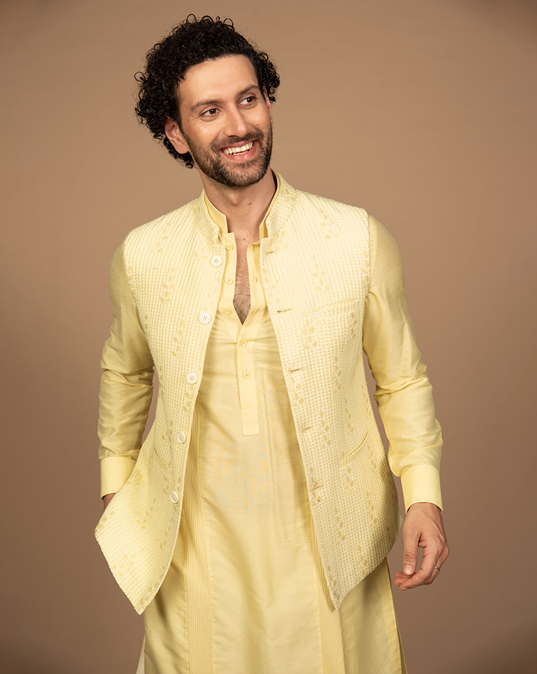 Bright Yellow Nehru Jacket Kurta Set