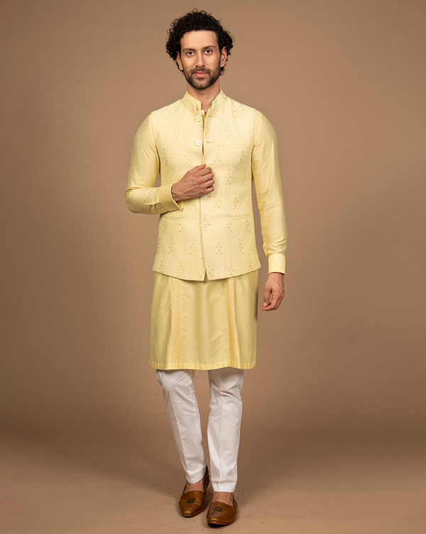 Bright Yellow Nehru Jacket Kurta Set