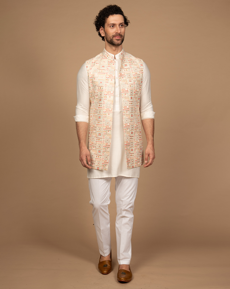 Multi Color Open Nehru Jacket Kurta Set