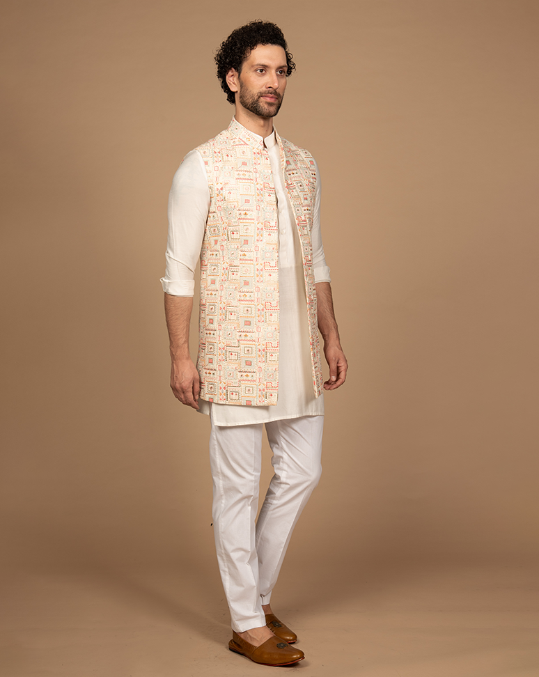 Multi Color Open Nehru Jacket Kurta Set