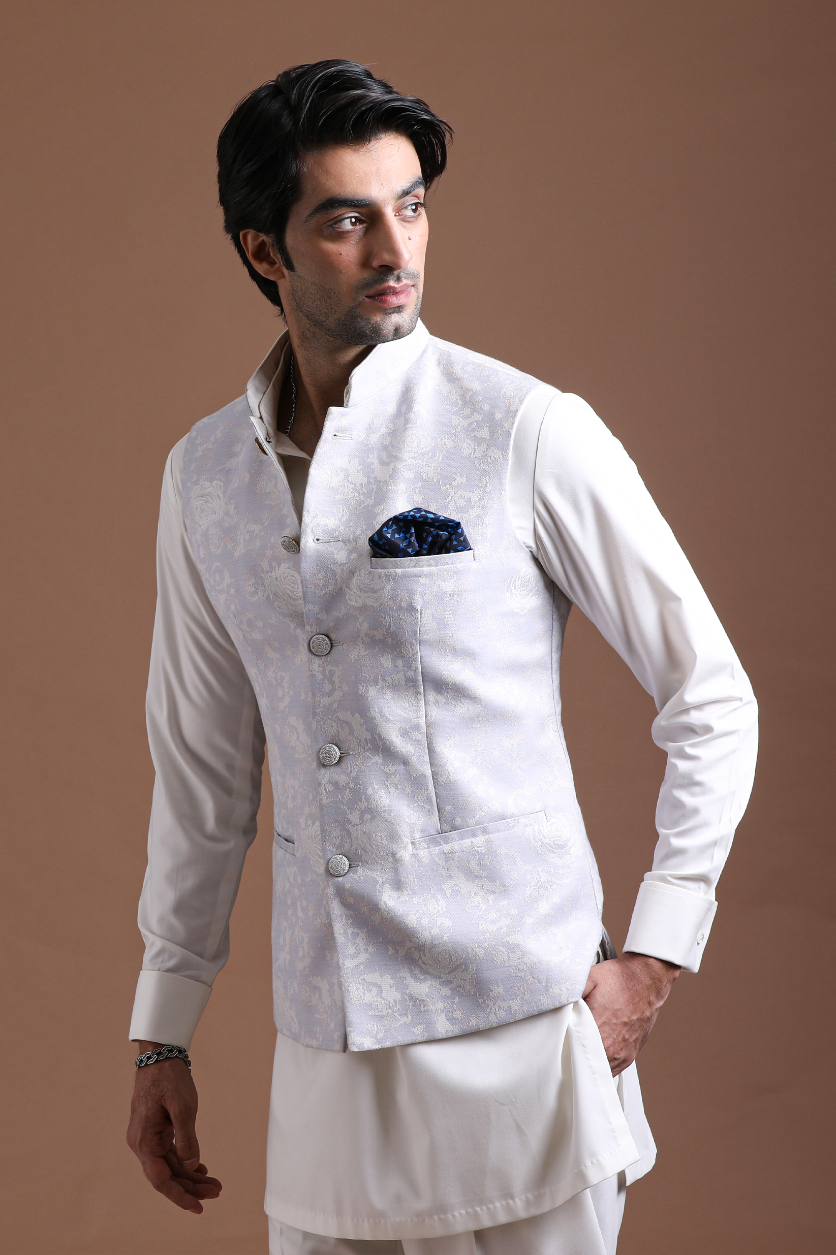 Ivory and Lavender Nehru Jacket Set for men