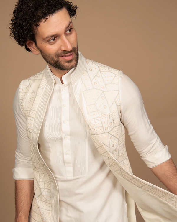 Ivory Geometrical Work Nehru Jacket Kurta Set