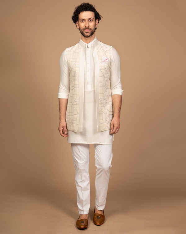 Ivory Geometrical Work Nehru Jacket Kurta Set