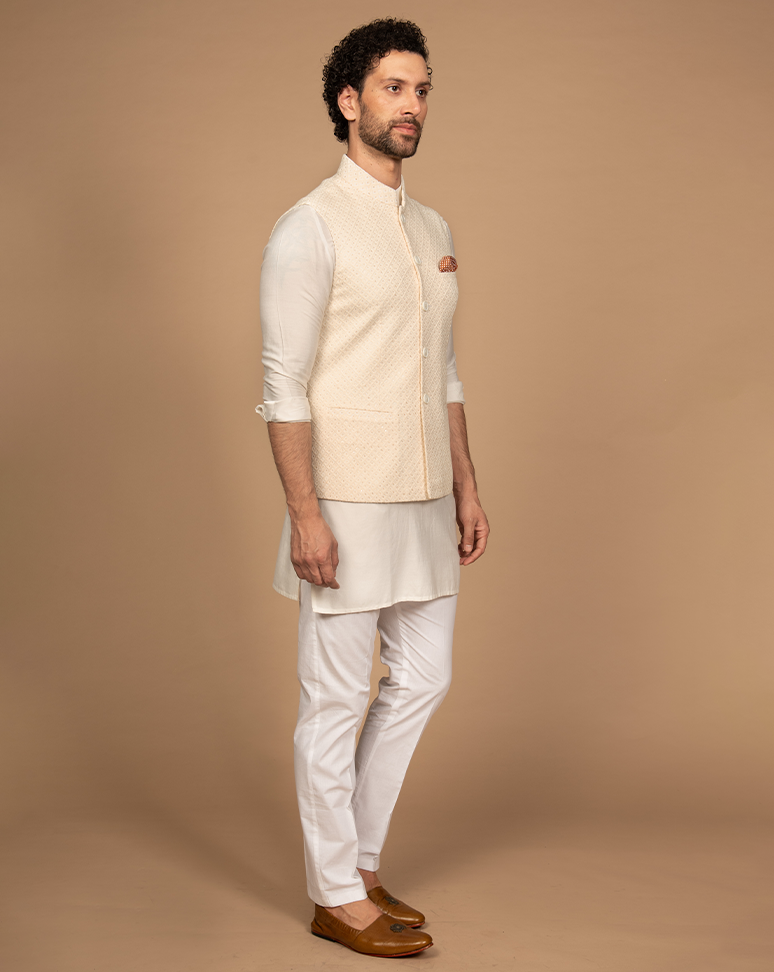 Cream Micro Sequins Work Nehru Jacket Kurta Set