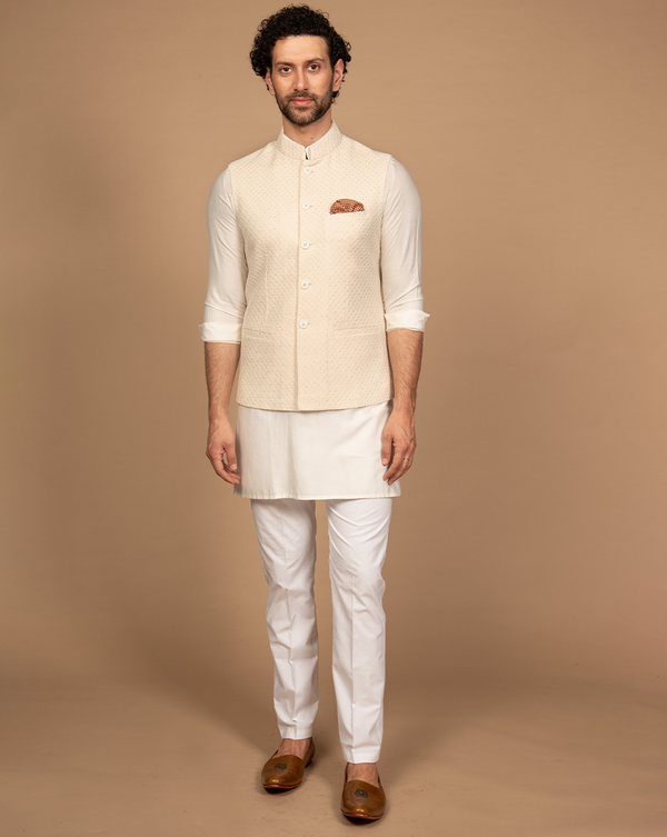 Cream Micro Sequins Work Nehru Jacket Kurta Set