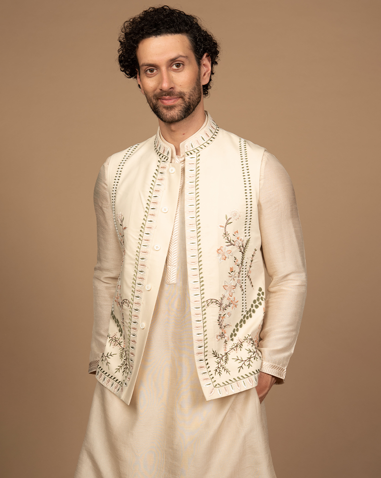 Beige Embroidered Jacket Kurta Set