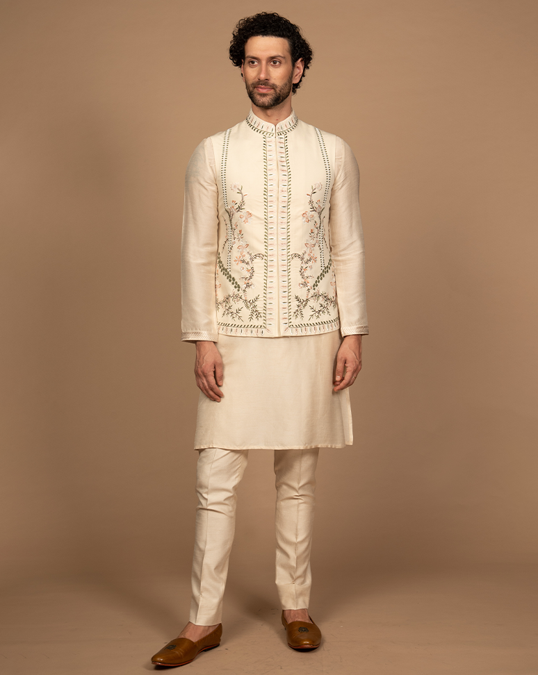 Beige Embroidered Jacket Kurta Set