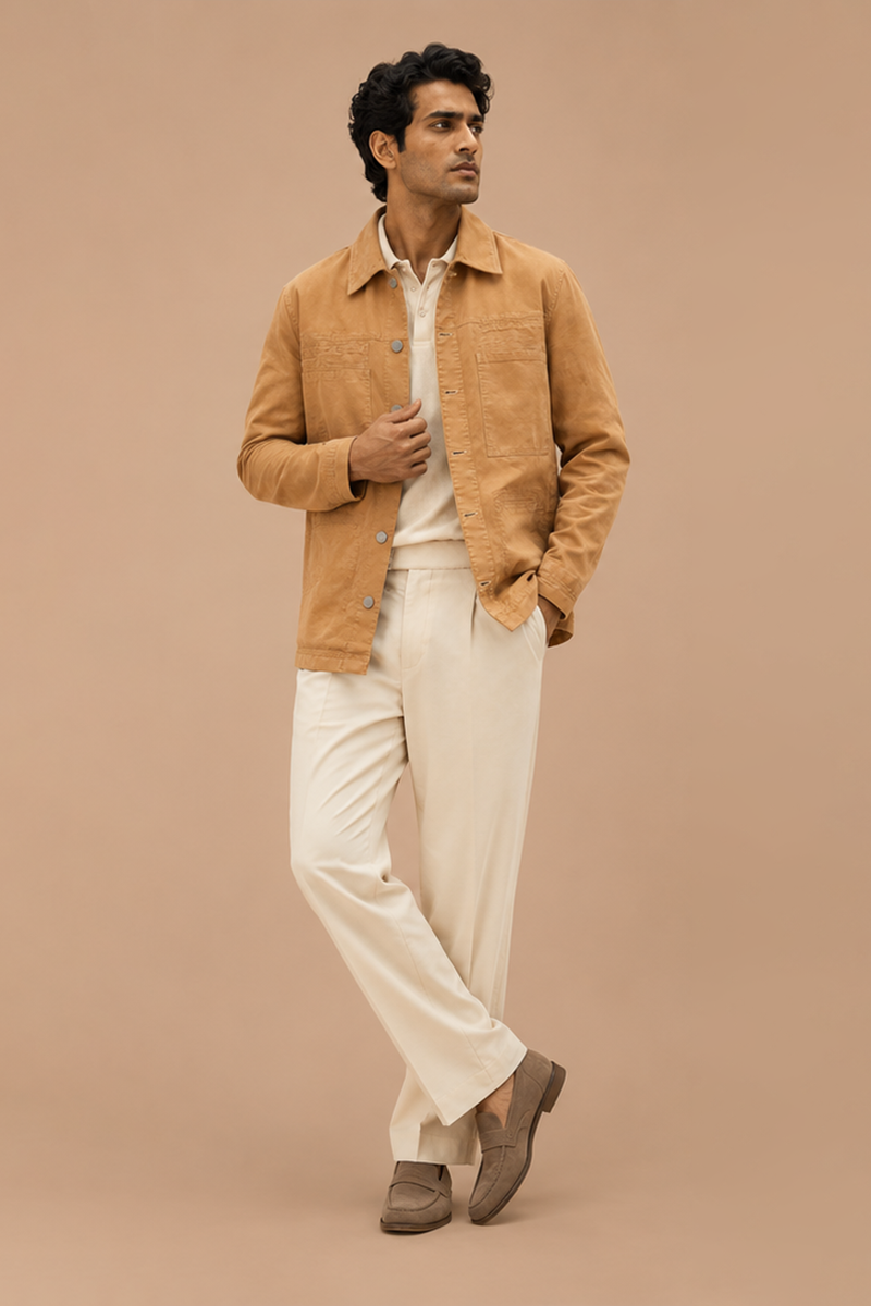 Male model wearing a warm sand-tone shacket with utility patch pockets, layered over an ivory polo and cream trousers on a beige backdrop.