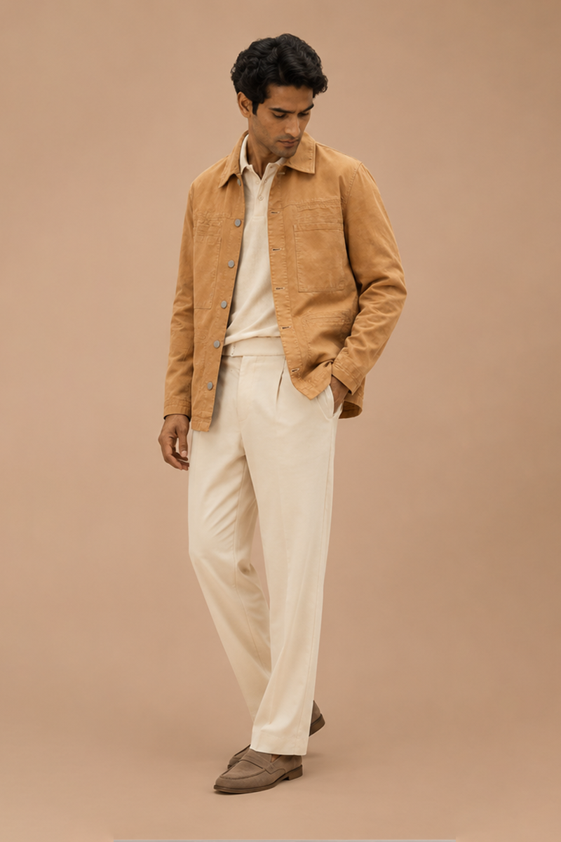 Male model wearing a warm sand-tone shacket with utility patch pockets, styled over an ivory polo and cream trousers, looking down against a beige backdrop.