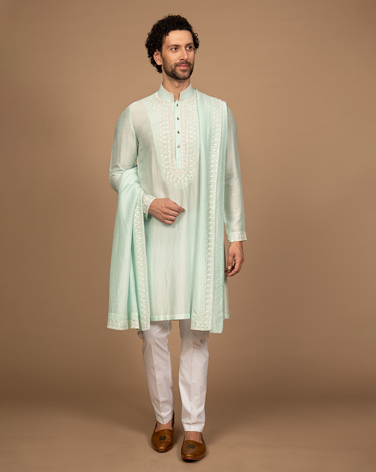 Sea Green Embroidered Kurta Stole Set