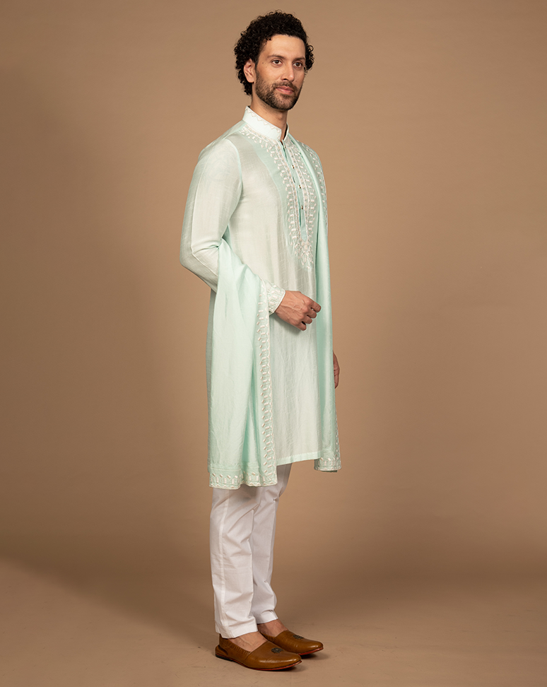 Sea Green Embroidered Kurta Stole Set