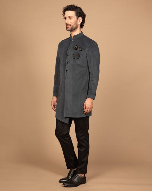 Grey Velvet Asymmetrical Indo Western