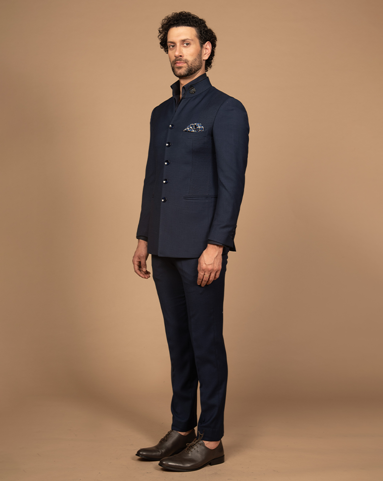 Blue High Collar Bandhgala Suit