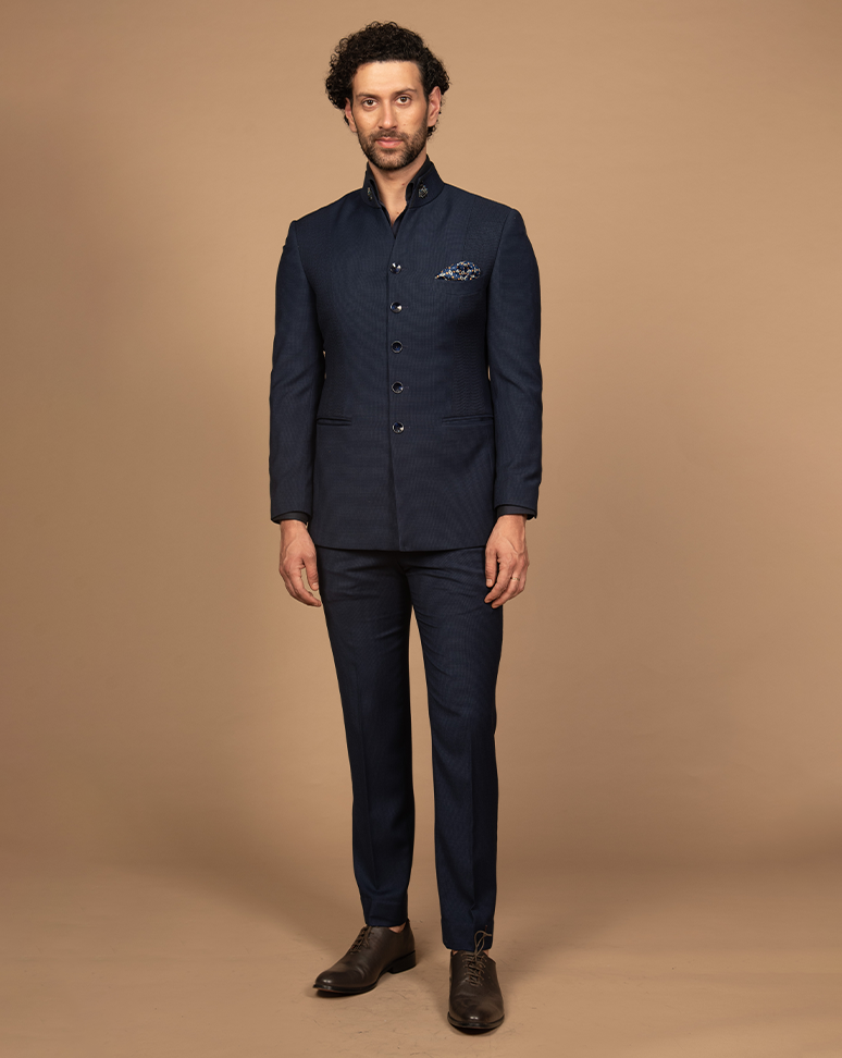 Blue High Collar Bandhgala Suit