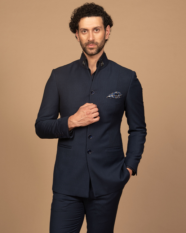 Blue High Collar Bandhgala Suit