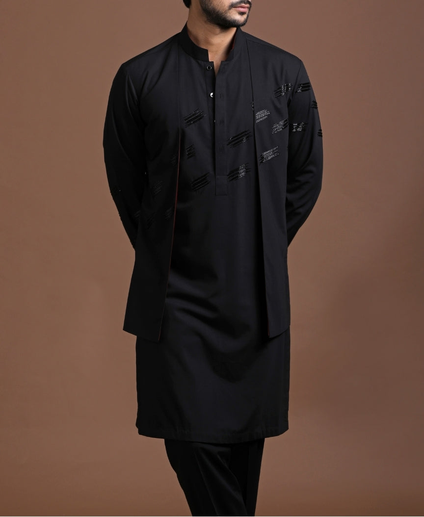 Black Brushstroke Kurta Jacket Set