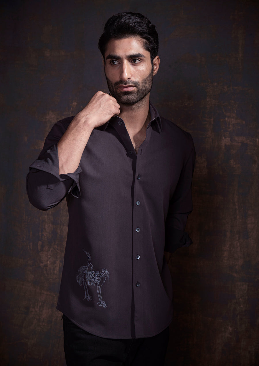 Still Flight – Charcoal Shirt with Crane Embroidery