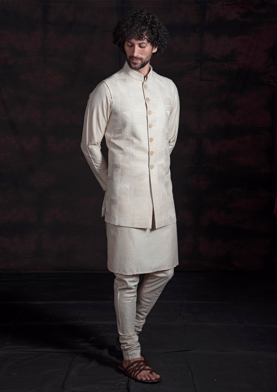 Beige Embroidered Nehru Jacket Set