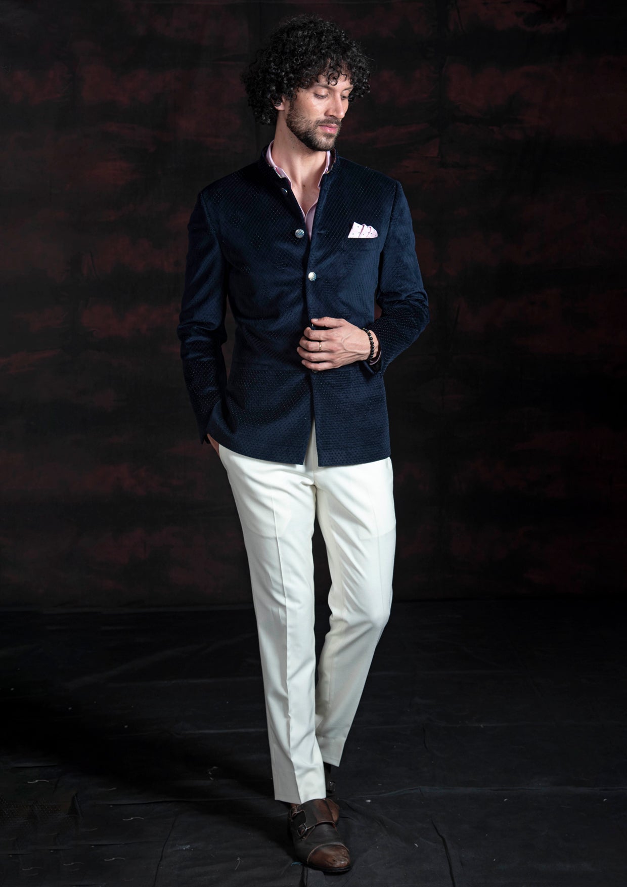 Dark Blue Velvet Embroidered Bandhgala Jacket