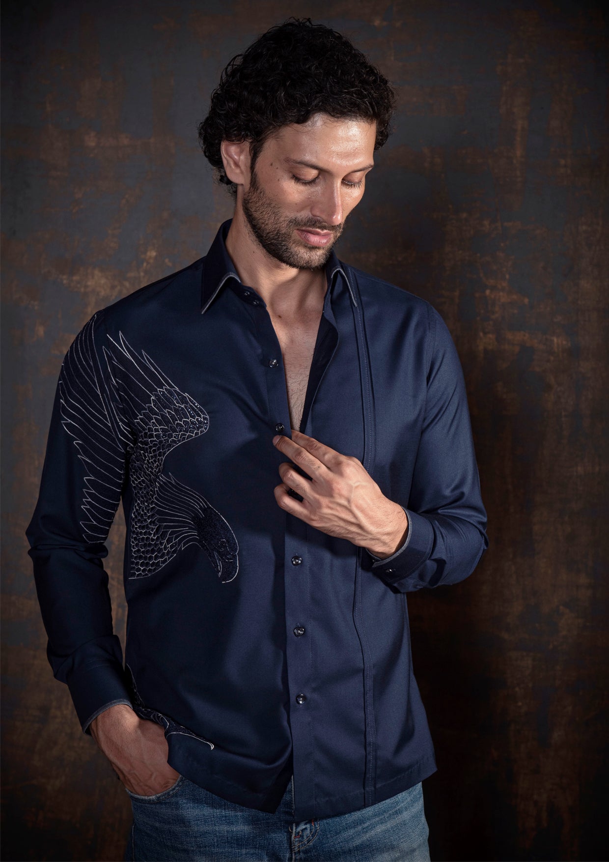 Blue embroidered shirt.