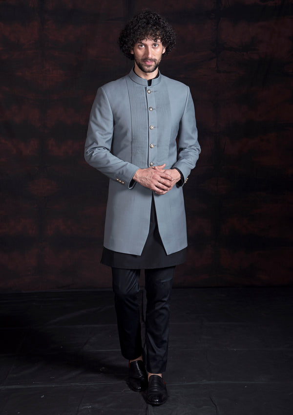 Grey designer indo western paired up with black kurta pajama.