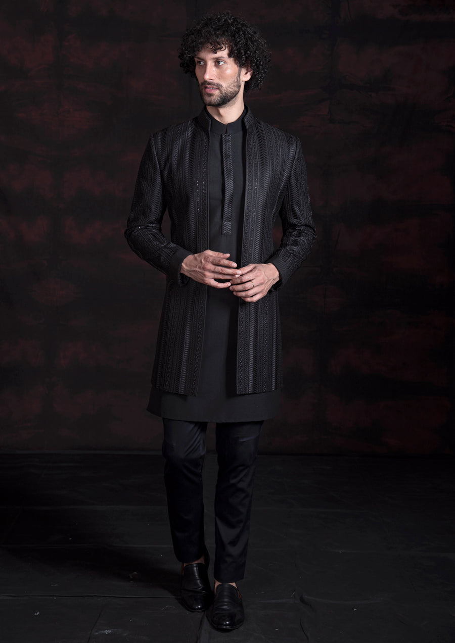 Black Embroidered Open Indo Western Set