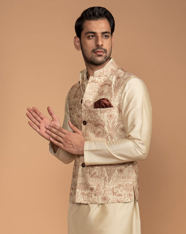 Brown Embroidered Nehru Jacket