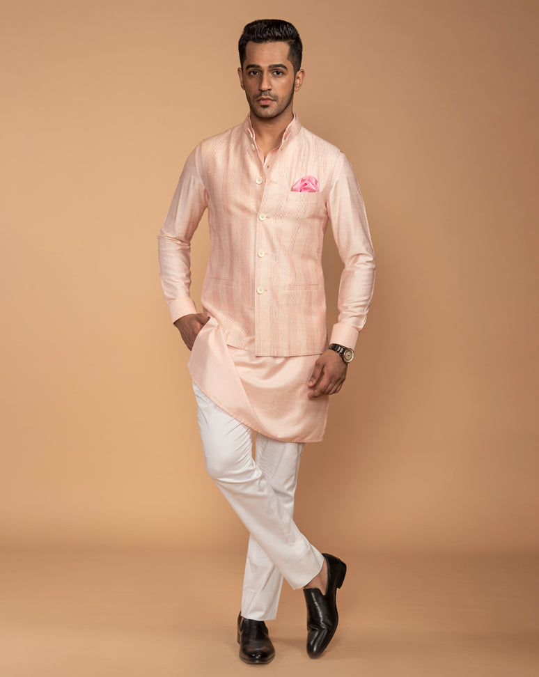 Peach Thread Embroidered Nehru Jacket Set