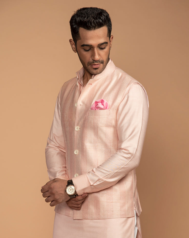 Peach Thread Embroidered Nehru Jacket Set