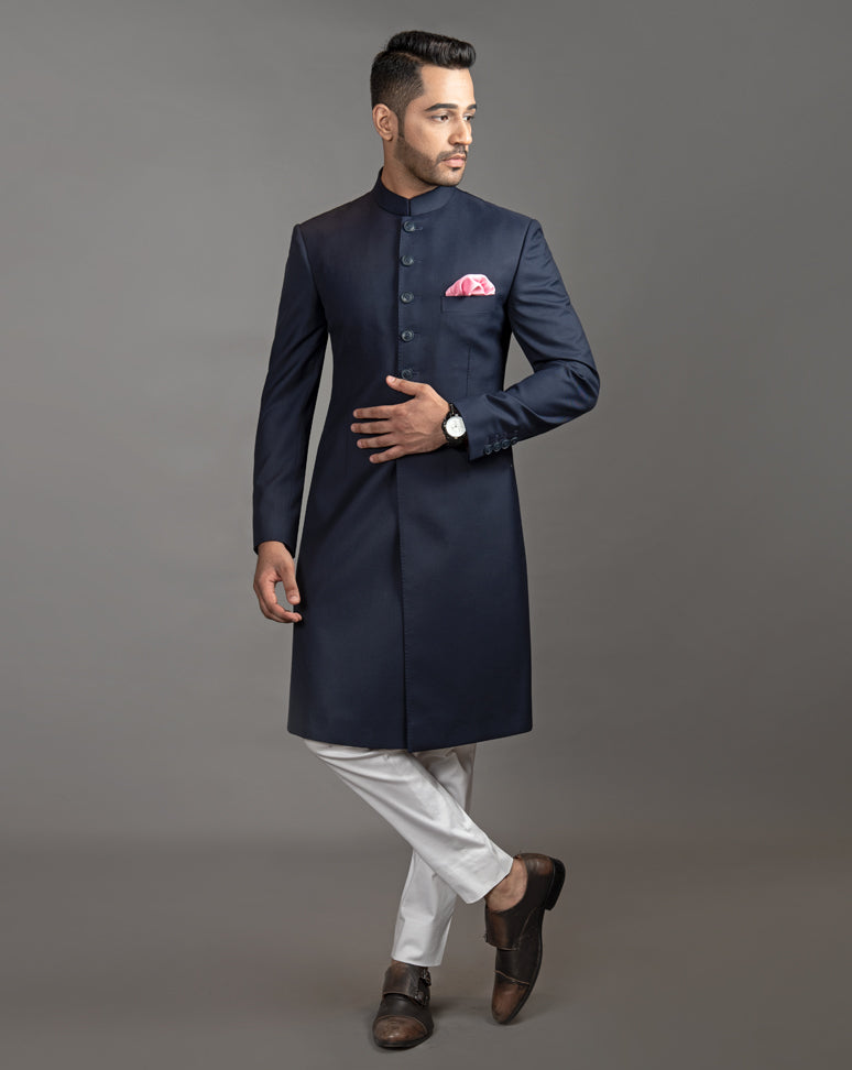 Navy Blue Solid Achkan Set