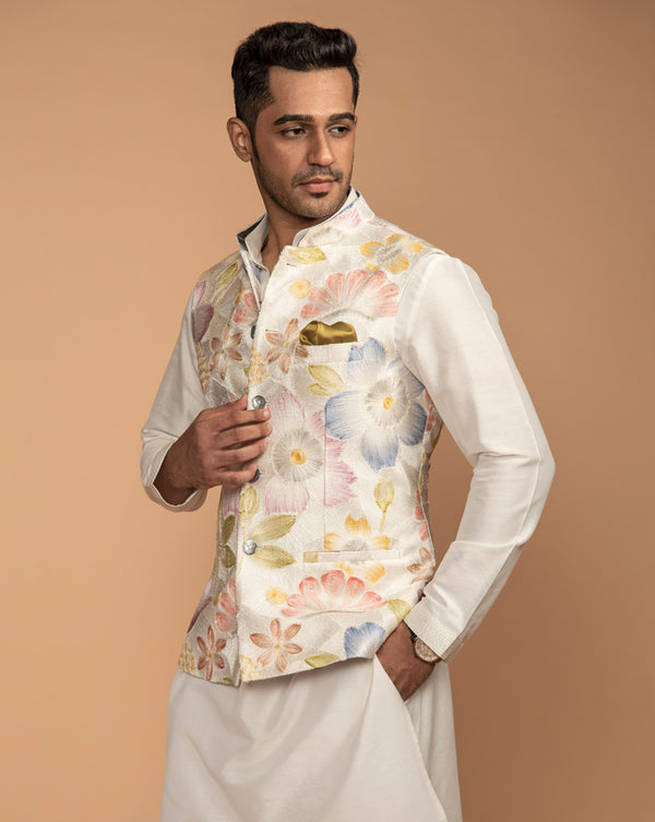 White Floral Embroidered Nehru Jacket
