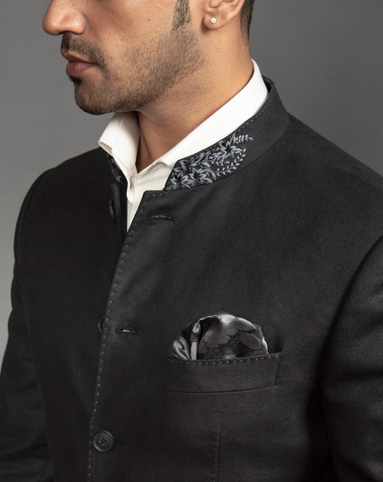 Black Linen Bandgala with grey embroidery on collar