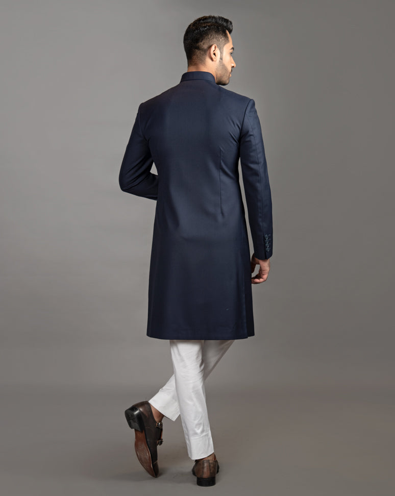 Navy Blue Solid Achkan Set