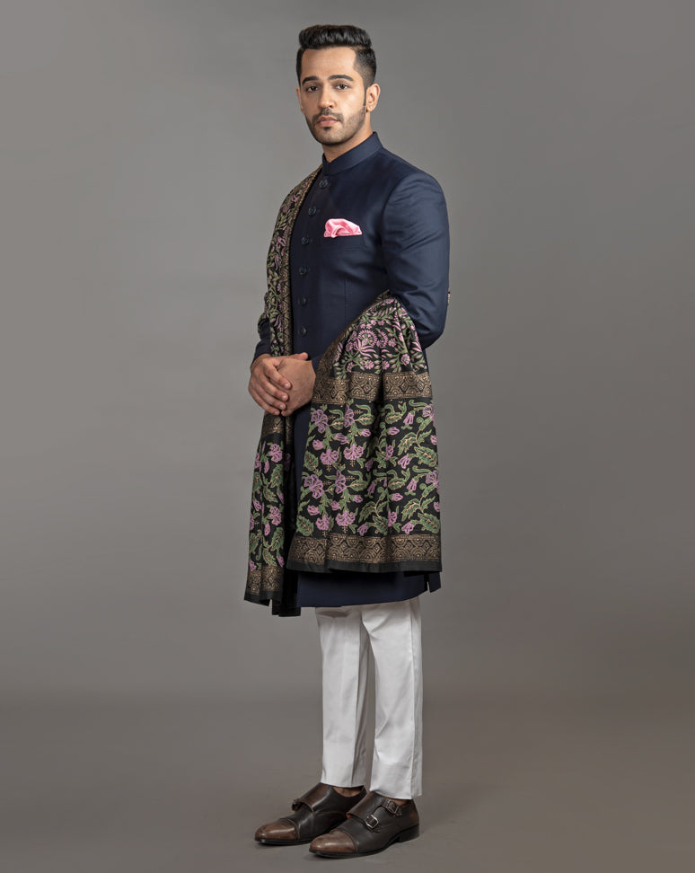 Navy Blue Solid Achkan Set