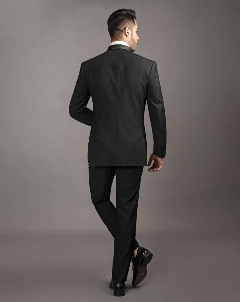 Classic Black Tuxedo with shawl lapel.  Paired up with Jet Black Pants.