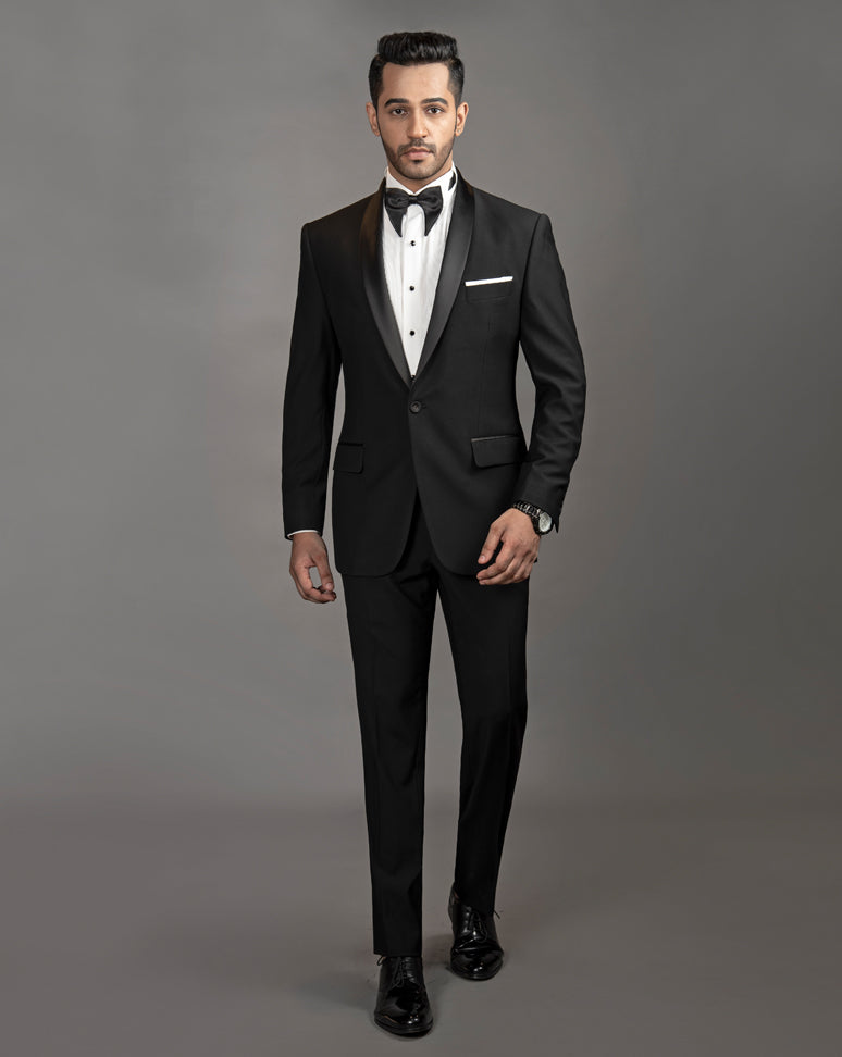 Classic Black Tuxedo with shawl lapel.  Paired up with Jet Black Pants.