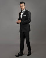 Classic Black Tuxedo with shawl lapel.  Paired up with Jet Black Pants.