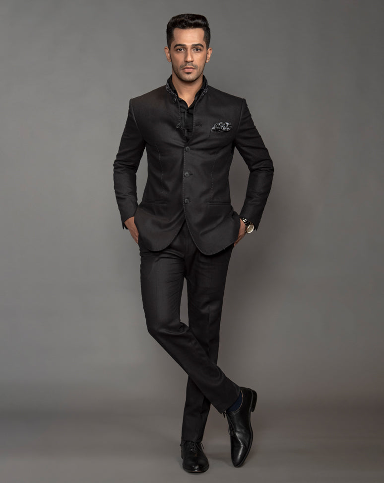 Black Linen Bandgala with grey embroidery on collar