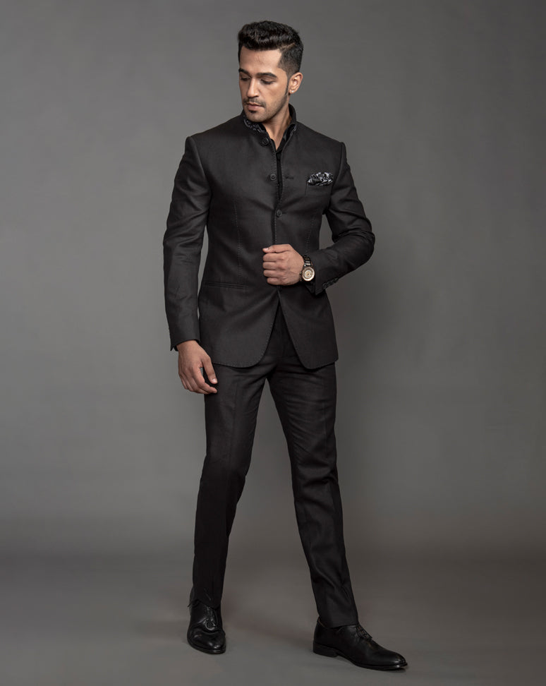 Black Linen Bandgala with grey embroidery on collar